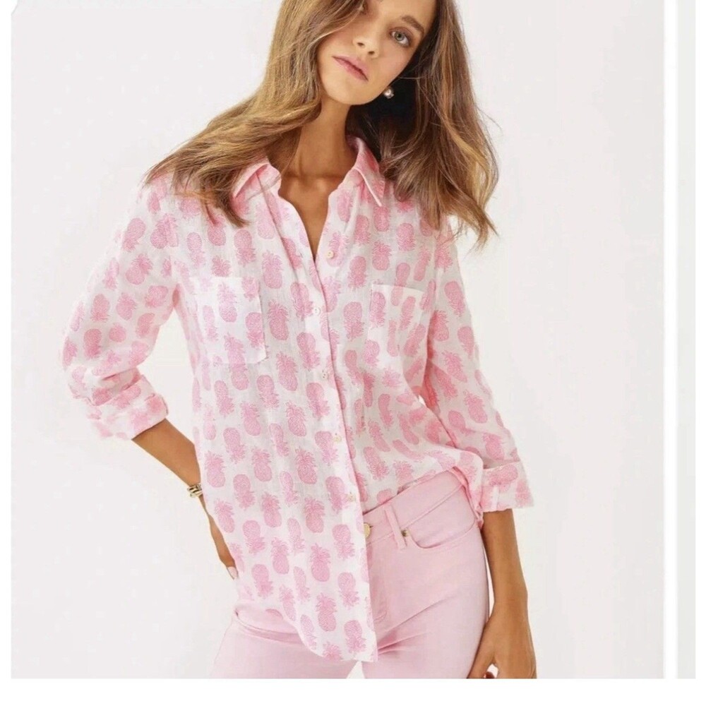 LILY PULITZER Seacoast 100% Linen Button Shirt Sz Medium Pineapple Pink White
